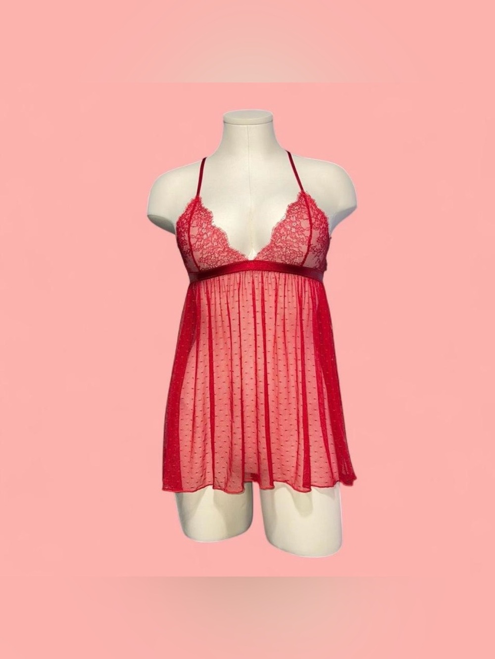Victoria's Secret Red Lace & Sheer Dot Babydoll Chemise
